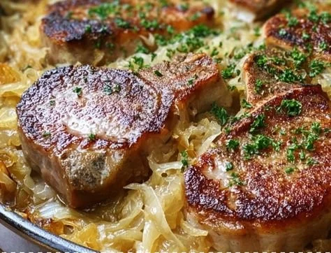 Pork Chop and Sauerkraut Casserole served in a baking dish