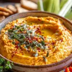 Pumpkin Whipped Feta Dip served in a bowl with crackers and garnished with herbs.