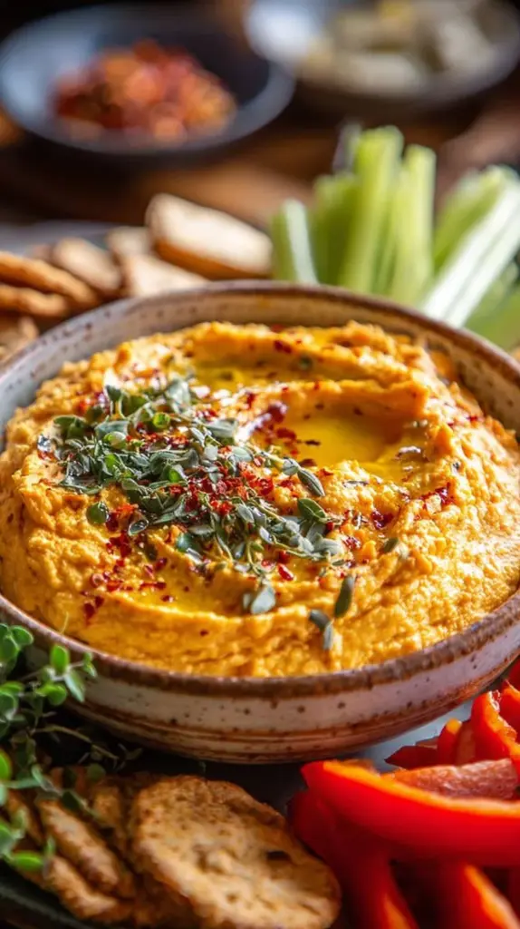 Pumpkin Whipped Feta Dip served in a bowl with crackers and garnished with herbs.