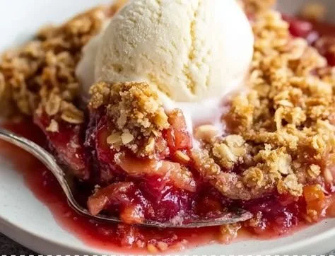 A mouthwatering serving of rhubarb crisp with a crunchy oat topping