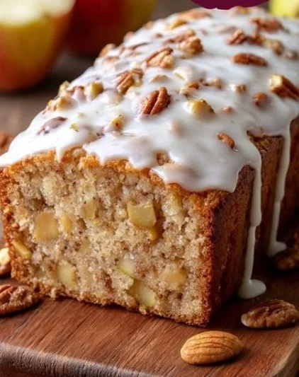 A moist and simple apple cake topped with fresh apple slices.