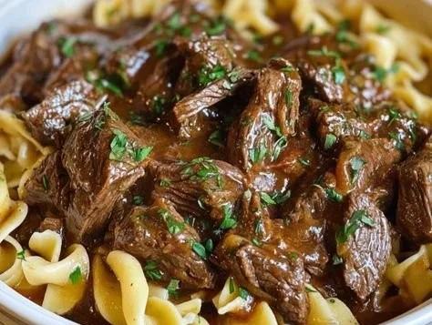 Slow Cooker Beef and Noodles dish served in a bowl