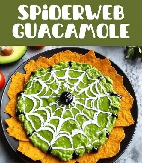 Spiderweb Guacamole Dip served in a bowl with tortilla chips