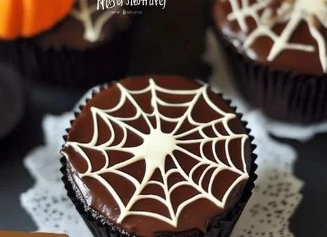 Spooky chocolate spiderweb cupcakes decorated for Halloween