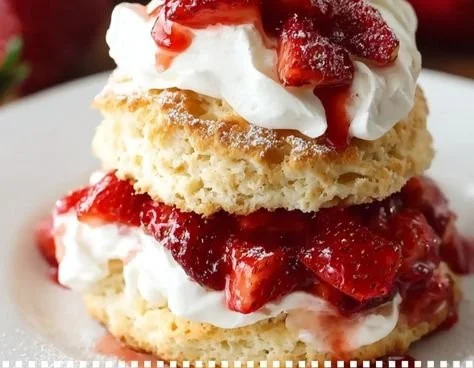 Fresh strawberry shortcake with layers of cake and whipped cream
