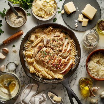 Perfect Garlic Butter Chicken Rotini in Cheesy Three-Cheese Parmesan Sauce Recipe: Creamy, Garlicky Pasta Main 2 Garlic Butter Chicken Rotini in Cheesy Three-Cheese Parmesan Sauce